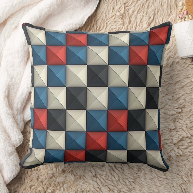 Coussin 3D Pyramidal Geometric Pattern – Red, Blue & Cream (Couverture)