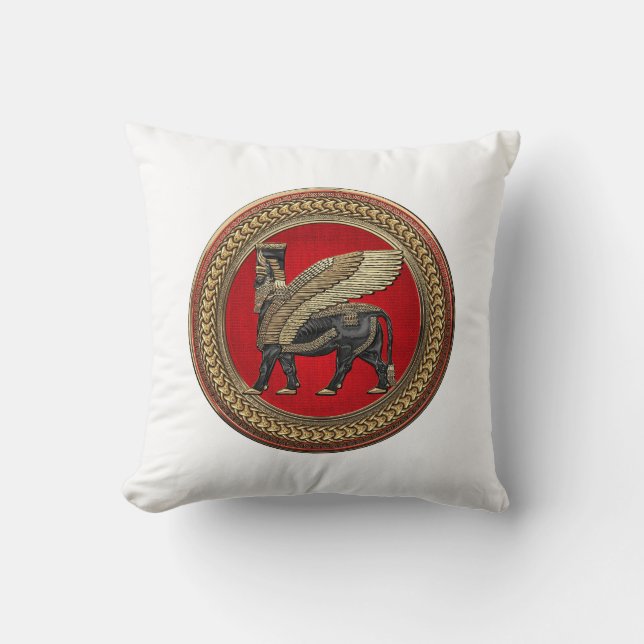 Coussin [400] Assyrian Winged Bull: Gold et Black Lamassu (Recto)
