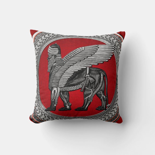Coussin [400] Lion ailé assyrien : Argent et Lamassu noir (Recto)