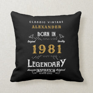 Coussin 40e anniversaire Né 1981 Noir rétro Personnalisé