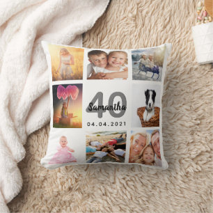 Coussin 40e anniversaire photo collage femme blanc