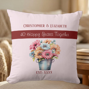 Coussin 40ème fleurs de rubis anniversaire rose
