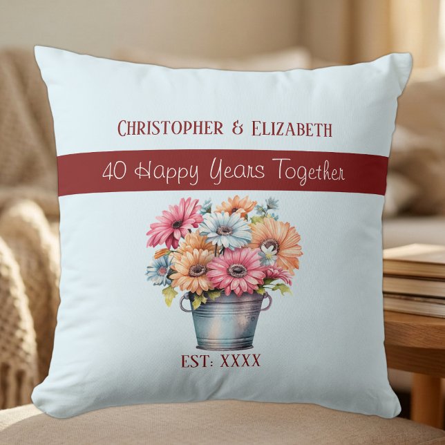 Coussin 40ème fleurs de rubis d'anniversaire bleues (Créateur téléchargé)