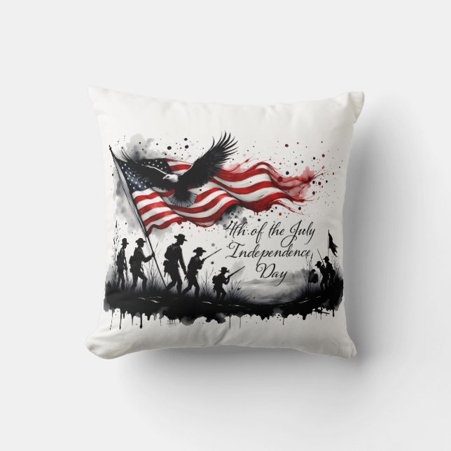 Coussin 4 juillet art patriotique avec drapeau et soldats (Recto)