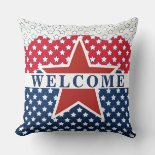 Coussin 4 juillet, BIENVENUE Rouge, Blanc & Bleu