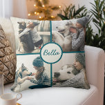 Coussin 4 Photo Animal de Compagnie Chien Personnalisé ave<br><div class="desc">Montrez 4 de vos photos de chiens préférées avec ce coussin d'accent photo-modèle personnalisé. Il propose des photos en forme de carré de votre chien et un modèle de texte à personnaliser avec leur nom. Accentué par la grille turquoise et le nom de l'animal, le dos du coussin est une...</div>