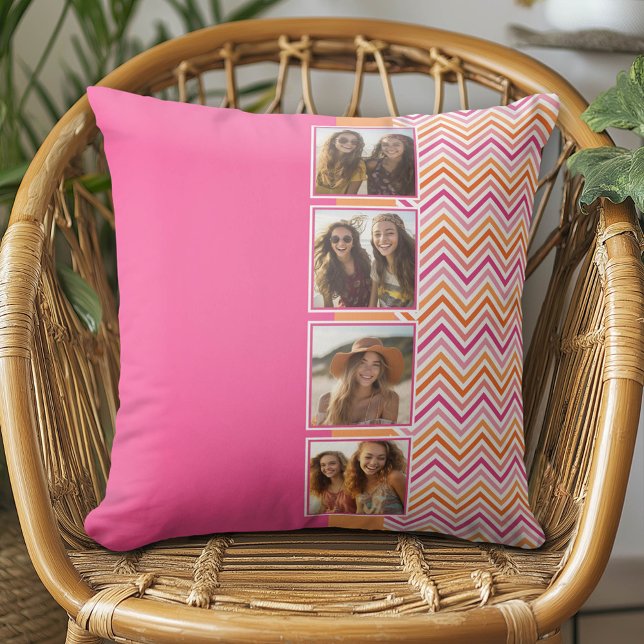 Coussin 4 Photo Collage Rose Chaud Orange Chevrons (Custom Photo Pillow - Add Your Own Pics!)