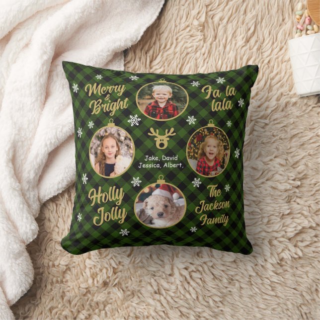Coussin 4 Photo Famille Ornements Vert Plaid Noël (Couverture)