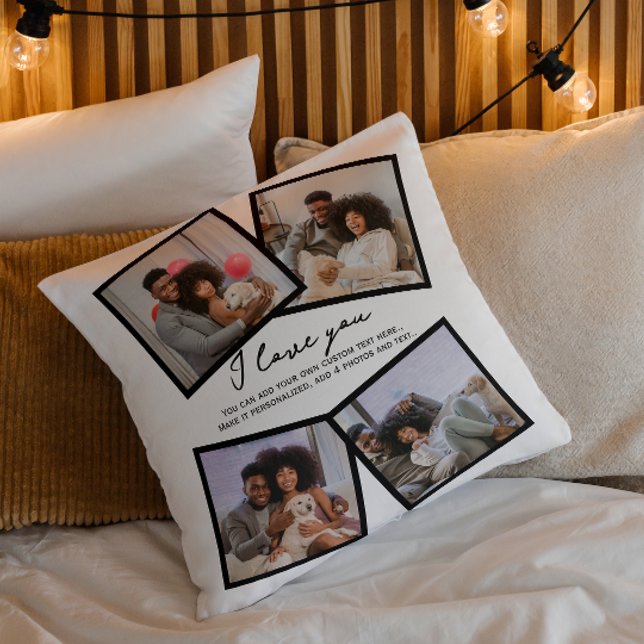 Coussin 4 Photo Modèle personnalisé avec texte (4 Photo Personalized and Text Template Throw Pillow by Ricaso. Make your own, upload photographs)