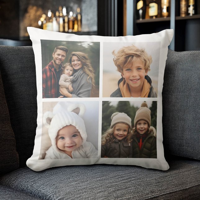 Coussin 4 photos en collage - Moderne, minimalisme blanc (Custom Photo Collage Pillow)