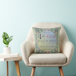 Coussin 4e année Mariage Anniversaire Vert&Bleu Fleur