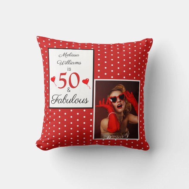 Coussin 50 & Fabuleux Nom Photo Rouge 50e anniversaire WH  (Recto)