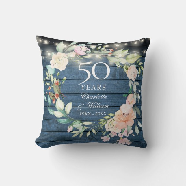 Coussin 50e Anniversaire Bleu Rustique Flore Lumières (Recto)