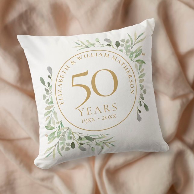 Coussin 50e anniversaire de mariage chic aquarelle verdure (Créateur téléchargé)