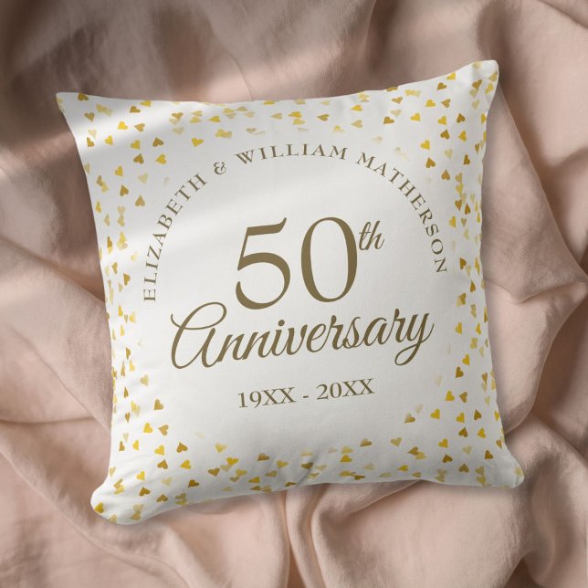 Coussin 50e anniversaire de mariage Cœurs dorés (50th Wedding Anniversary Golden Hearts Throw Pillow)