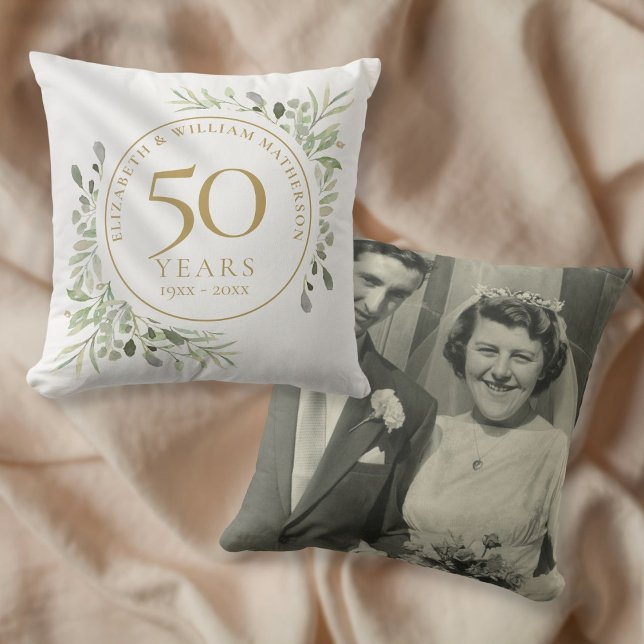 Coussin 50e Anniversaire d'or Photo Aquarelle Verdure (Créateur téléchargé)