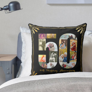 Coussin 50e Anniversaire du Mariage d'or Photo Noir & Or