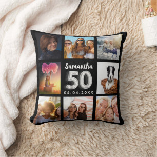 Coussin 50e anniversaire noir argent photo collage