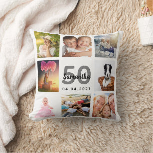Coussin 50e anniversaire photo collage femme blanc