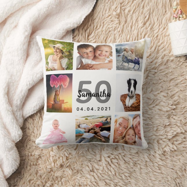 Coussin 50e anniversaire photo collage femme blanc (Couverture)