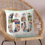 Coussin 60e anniversaire Numéro 60 photo Collage Mint Gree<br><div class="desc">Cadeau personnalisé 60e anniversaire. Ce coussin décoratif personnalisé a un collage photo soigné en forme de numéro 60 avec des rayures vert menthe et une typographie gris foncé. Le modèle est mis en place pour que vous puissiez ajouter votre nom et votre date de naissance ainsi que vos photos. Vous...</div>