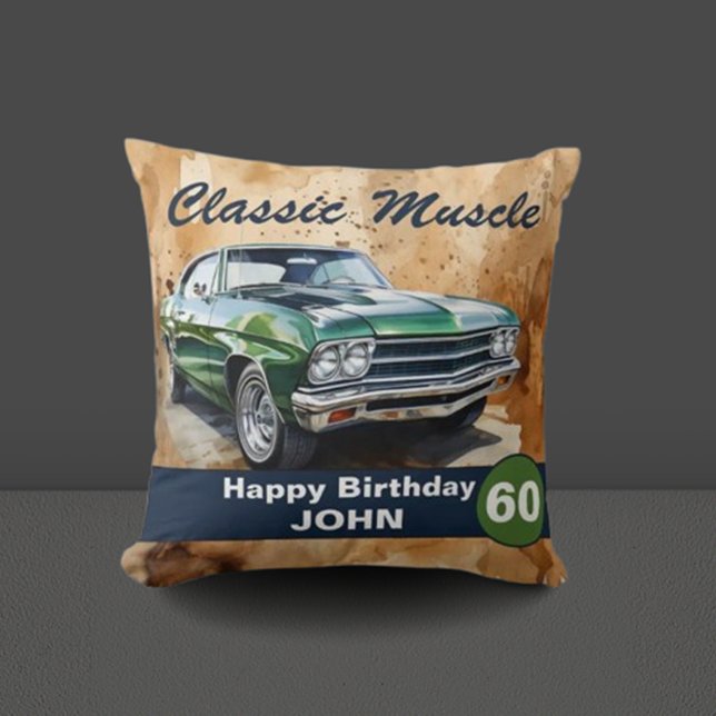 Coussin 60e anniversaire, voiture musculaire classique (Celebrate in style with our classic green muscle car illustration! )