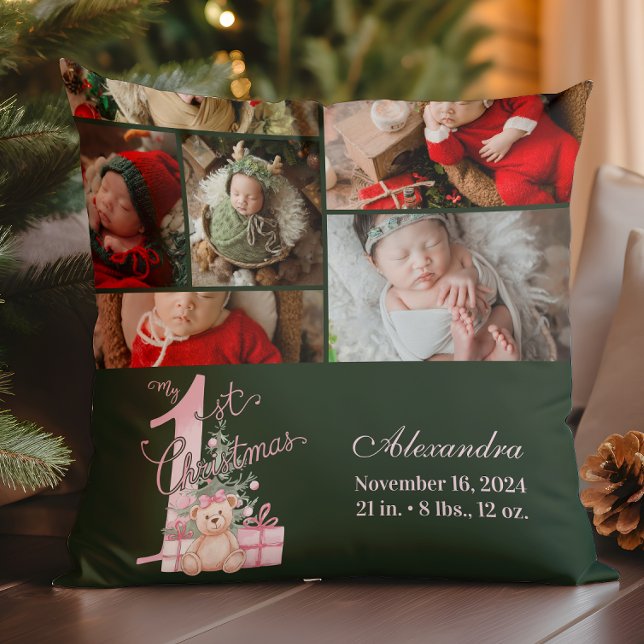 Coussin 6 Photo  Rose Vert Premier Noël Bébé (Créateur téléchargé)