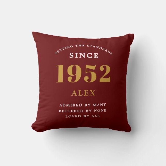 Coussin 70e anniversaire Nom 1952 Rouge or élégant chic (Recto)