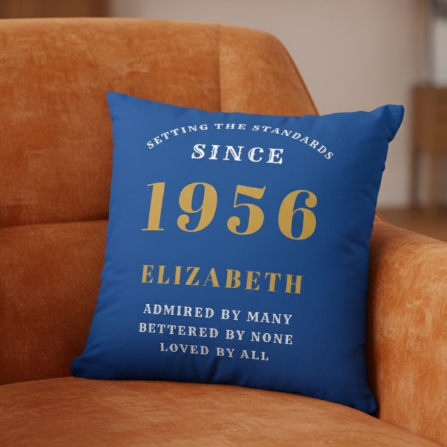 Coussin 70th Birthday 1956 Add Name Blue Gold Personalized (1956 Throw pillow on an orange chair.)