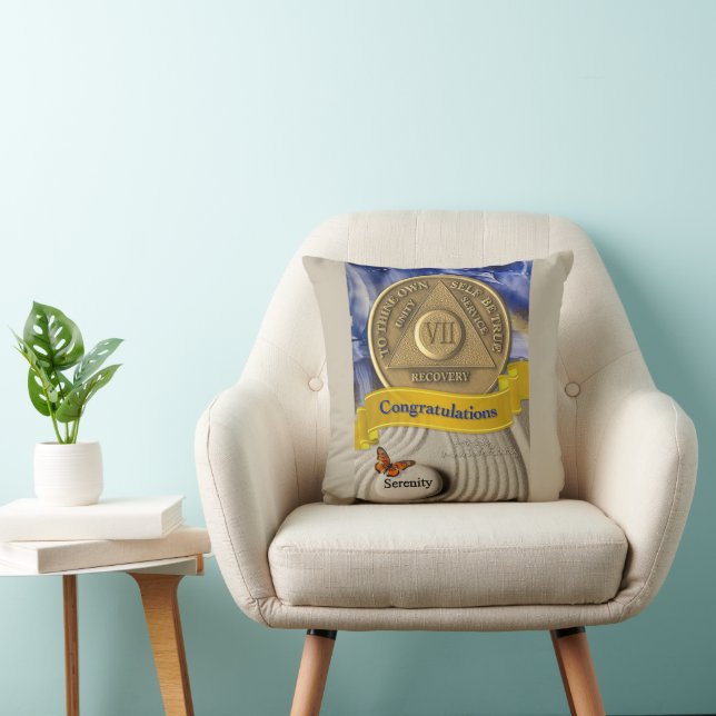 Coussin 7 ans de sobriété personnalisé avec nom et date an (Chaise)