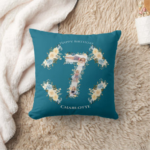 Coussin 7e anniversaire Photo Collage Turquoise bleu jaune