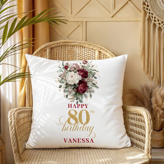 Coussin 80e Anniversaire Burgundy Blush Raffiné (Refined Burgundy Blush 80th Birthday Pillow)