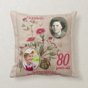 Coussin 80e anniversaire Floral Vintage Photo