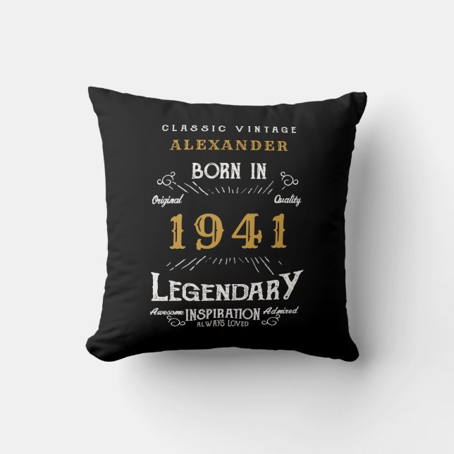 Coussin 80e anniversaire Né 1941 Noir rétro Personnalisé (Recto)