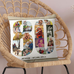 Coussin 80e anniversaire Numéro 80 Photo Collage Beige