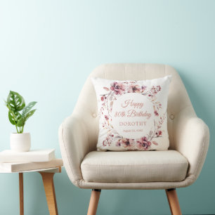 Coussin 80e anniversaire personnalisé Bourgogne rose flora