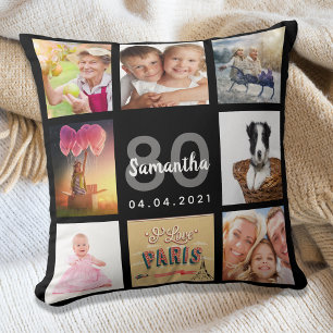 Coussin 80e anniversaire photo collage femme noir