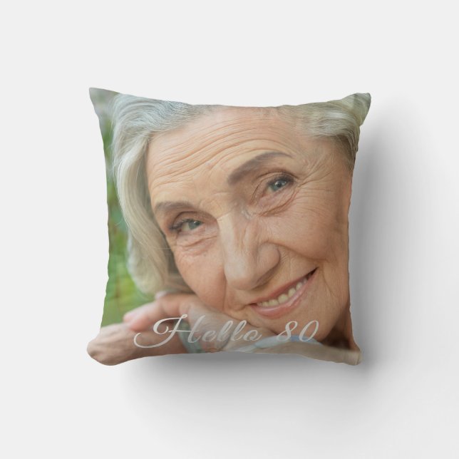 Coussin 80e anniversaire photo personnalisée bonjour 80 qu (Recto)
