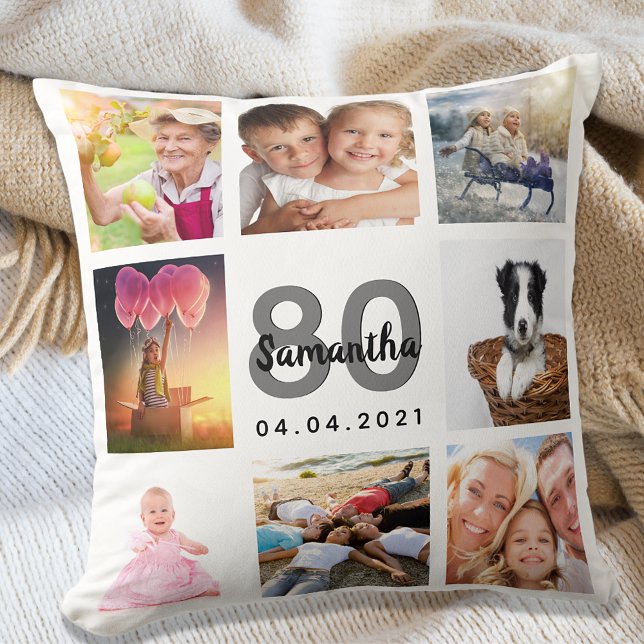 Coussin 80e anniversaire sur mesure photo collage femme bl (Créateur téléchargé)