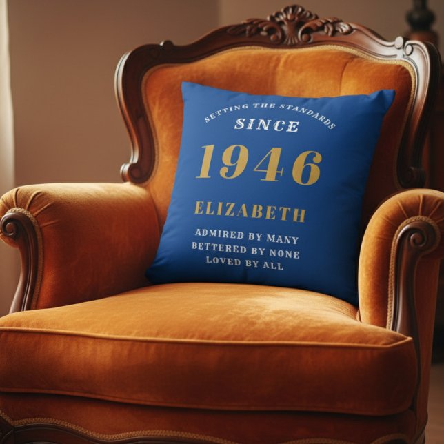Coussin 80th Birthday 1946 Add Name Blue Gold Personalized (1946 throw pillow on orange chair)