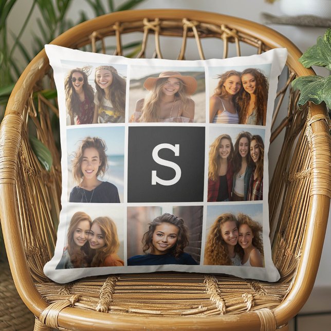 Coussin 8 Collage photo avec Monogramme noir blanc (Custom Photo Pillow - Add Your Own Pics!)
