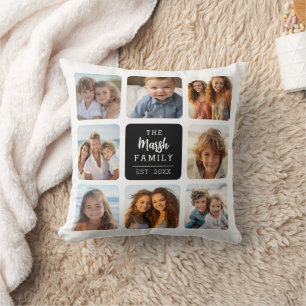 Coussin 8 Collage photo avec nom de famille au milieu - No