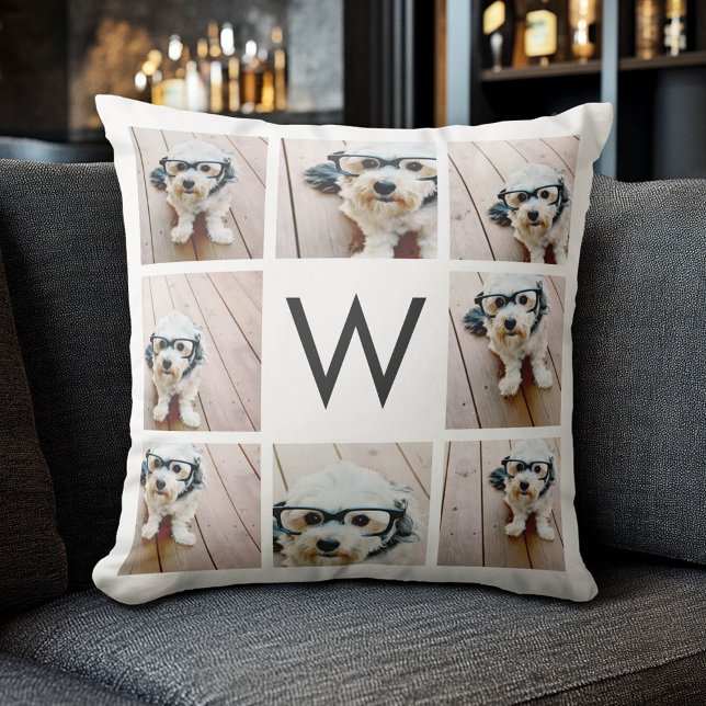 Coussin 8 Photo Collage personnalisé Monogramme noir et bl (Custom Photo Collage Pillow)