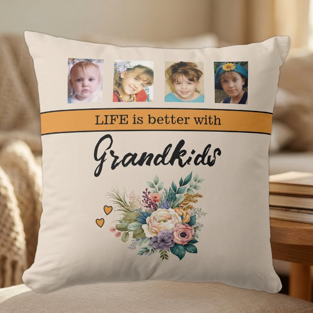 Coussin 8 photos petits-enfants fleurs orange (Créateur téléchargé)