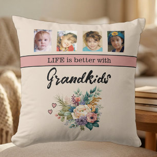 Coussin 8 photos petits-enfants fleurs rose