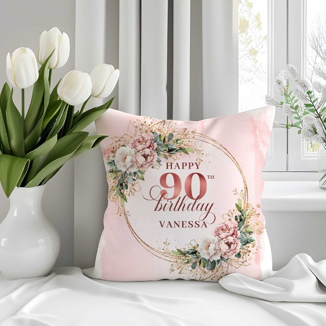 Coussin 90e Anniversaire Floral Rose Boho Blush (Boho Blush Pink Floral 90th Birthday Pillow)