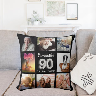 Coussin 90e anniversaire noir argent photo collage