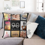 Coussin 90e anniversaire sur mesure photo collage femme no<br><div class="desc">Un cadeau unique pour une femme 90e anniversaire, célébrant sa vie avec un collage de 8 de vos propres photos, photos. Personnalisez et ajoutez son nom, son âge de 90 ans et une date. Un arrière - plan noir chic. Lettres et chiffres gris et blancs. Le nom est écrit avec...</div>