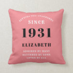 Coussin 90th Birthday 1931 Personnalisé Ajouter Votre Nom<br><div class="desc">Pour ceux nés en 1931 et célébrant leur 90ème anniversaire, nous avons la fête d'anniversaire surprise idéale jetez un cadeau d'oreiller. L'arrière - plan rose avec un design blanc et gris foncé est simple et élégant. Customisez facilement le texte à l'avant et à l'intérieur de ces fournitures en utilisant le...</div>