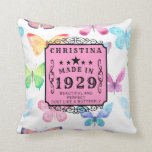Coussin 90th Birthday Born 1929 Butterfly Ajouter Votre No<br><div class="desc">La beauté des papillons avec la douceur des couleurs de l'eau en fait un design coussin d'anniversaire spécial. Facile à modifier le texte pour faire un cadeau vraiment personnalisé.</div>